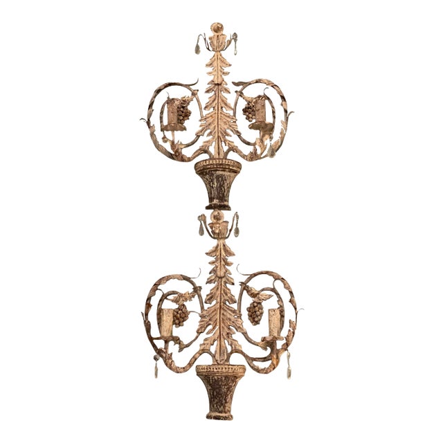 19th Century French White Carved Wood and Crystal Sconces - a Pair For Sale