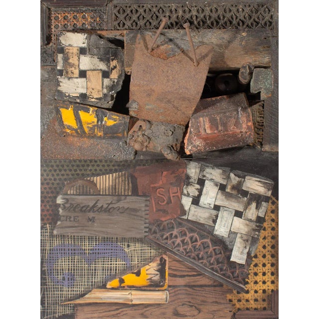 A 1960 mixed media wall assemblage by the American artist James Spencer Russell (1915-2000). This assemblage features a...