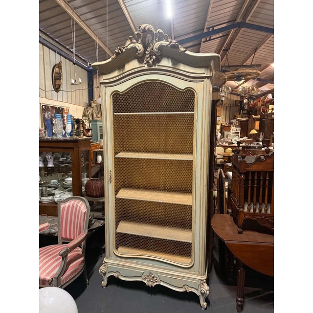 Louis XV Wire-Walled Bookcase with Carved Pediment in Aqua Green, 1890s For Sale - Image 6 of 6