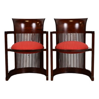 Frank Lloyd Wright for Cassina Arts & Crafts Dark Cherry Wood Barrel Chairs, Pair For Sale