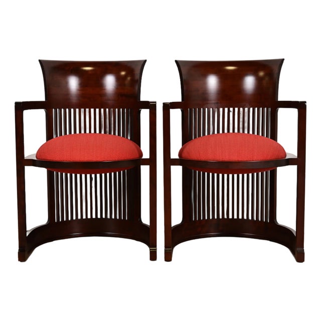 Frank Lloyd Wright for Cassina Arts & Crafts Dark Cherry Wood Barrel Chairs, Pair For Sale