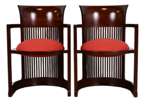 Frank Lloyd Wright for Cassina Arts & Crafts Dark Cherry Wood Barrel Chairs, Pair