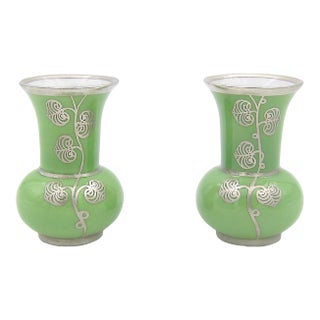 Manfred Veyhl Silver Overlay Art Deco Vase Pair in Green Porcelain For Sale