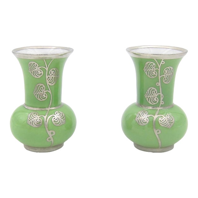 Manfred Veyhl Silver Overlay Art Deco Vase Pair in Green Porcelain For Sale