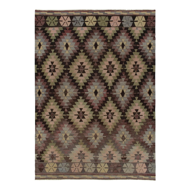 Textile 1950s Vintage Tribal Kilim Rug in Light Washed Bordeaux, Green Geometric Pattern For Sale - Image 7 of 7