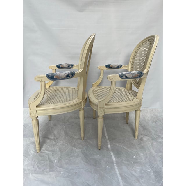 Vintage Painted Caned Louis XVI Fauteuil Chairs a Pair For Sale - Image 4 of 12