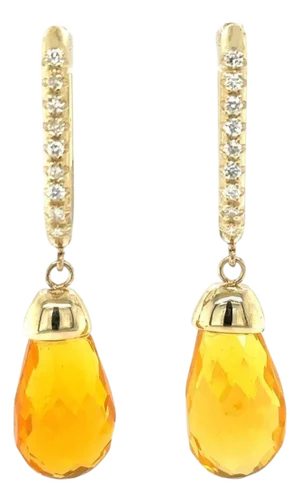 12.84 Carat Fire Opal Diamond Yellow Gold Drop Earrings, A Pair