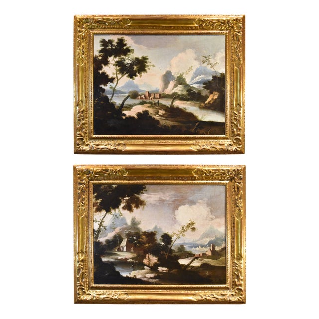 Circle of Marco Ricci, Landscapes, 1700, Oil on Canvases, Framed, Set of 2 For Sale