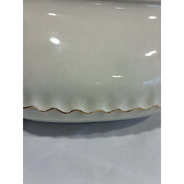 Cream Vintage Mid-Century Modern Cream Ceramic Soup Tureen With Gold Trim and Ladle For Sale - Image 8 of 9
