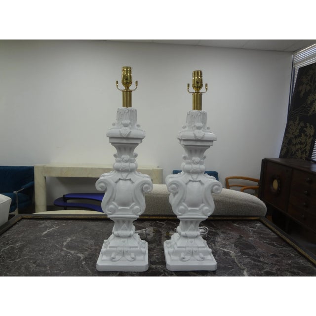 Pair Of Hollywood Regency Plaster Lamps. This great pair of Dorothy Draper inspired plaster lamps are in very good...