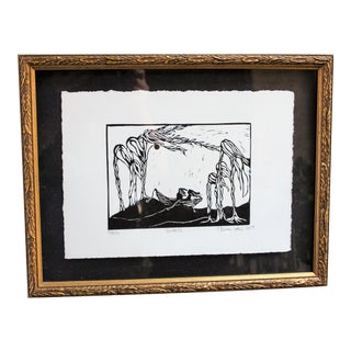 2000s "Sisters" Abstract Figurative Black and White Wood Cut Print, Framed For Sale