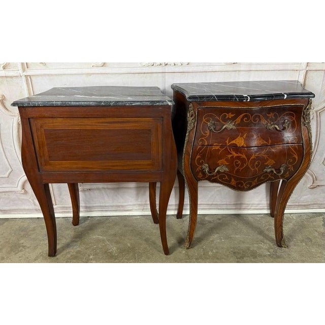 Pair of French Louis XV Style Bombe Nightstands - With Marble Tops For Sale - Image 12 of 18