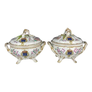 French Hand Painted Faience Porcelain Soup Tureens Signed Veuve Perrin-A Pair