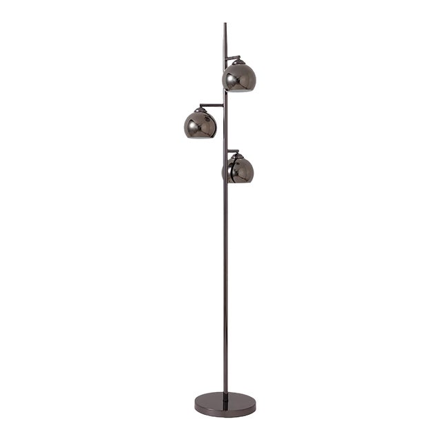 1970s Nova of California Triplet 3-Light Nickel Floor Lamp - 61" Mid-Century Modern, Black Nickel Steel, Foot Slide Dimmer For Sale