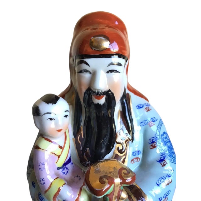 Chinese Vintage Mid 20th Century Chinese God of Happiness and Prosperity Hand Painted Porcelain Figurine For Sale - Image 3 of 8