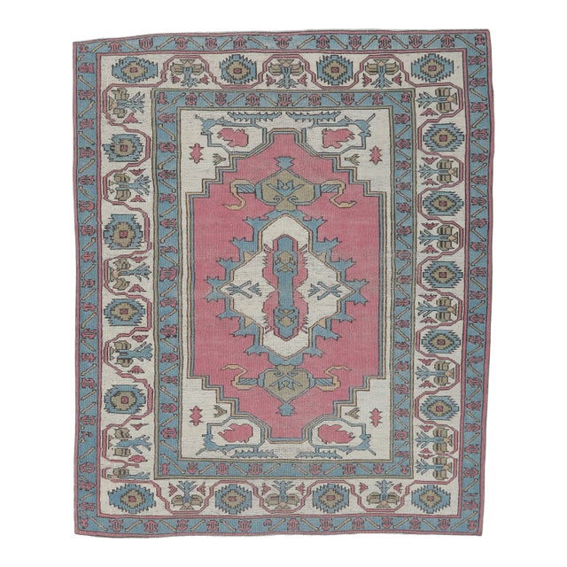 Vintage Pink Area Oushak Turkish Hand-Knotted Rug For Sale