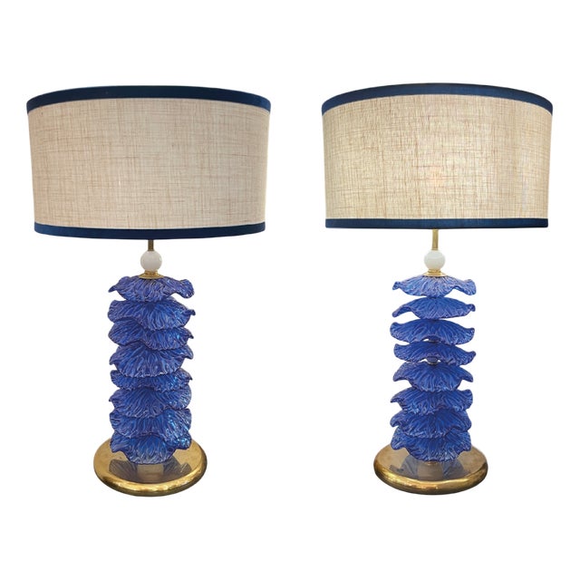 Blue Murano Glass Leaf Table Lamps, 1980s, Set of 2 For Sale