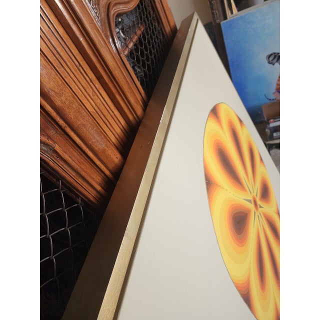 Vintage MCM acrylic on canvas in 80's style gold frame. Circle with geometric pedal or teardrop shapes with yellow to...