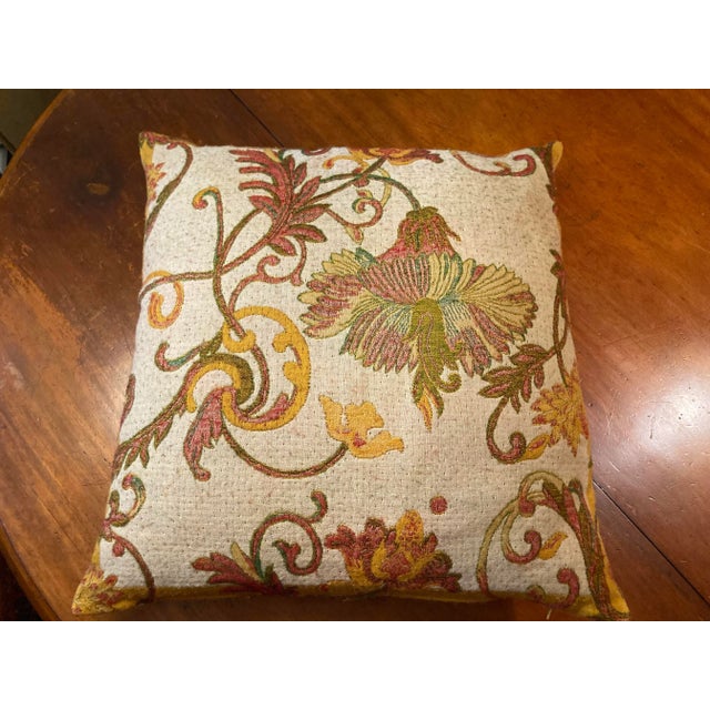 2000s Woven Wool Challis Botanical Pattern Oversized Accent Pillow Cream Background on One Side, Reverses to Olive Background For Sale In Dallas - Image 6 of 10