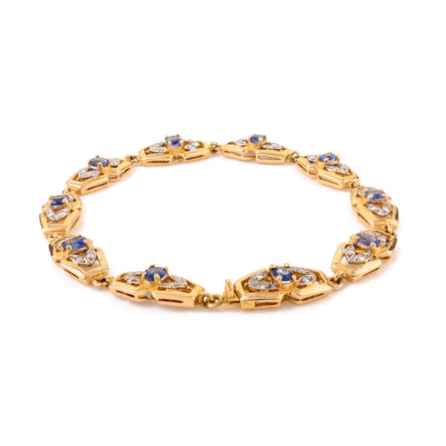 Metal Vintage Style 18k Yellow Gold 1.65Ct Sapphire & Diamond Link Bracelet for Women For Sale - Image 7 of 13