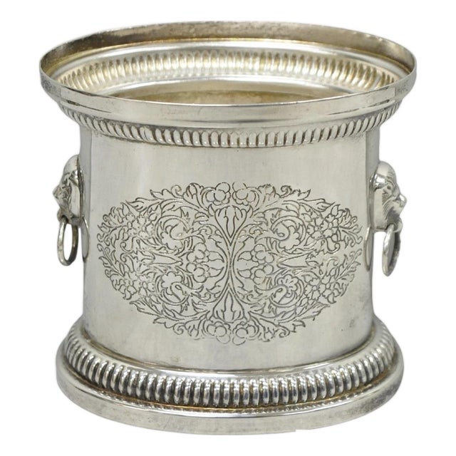 Vintage English Regency Silver Plated Small Lion Head Oval Desk Biscuit Barrel For Sale