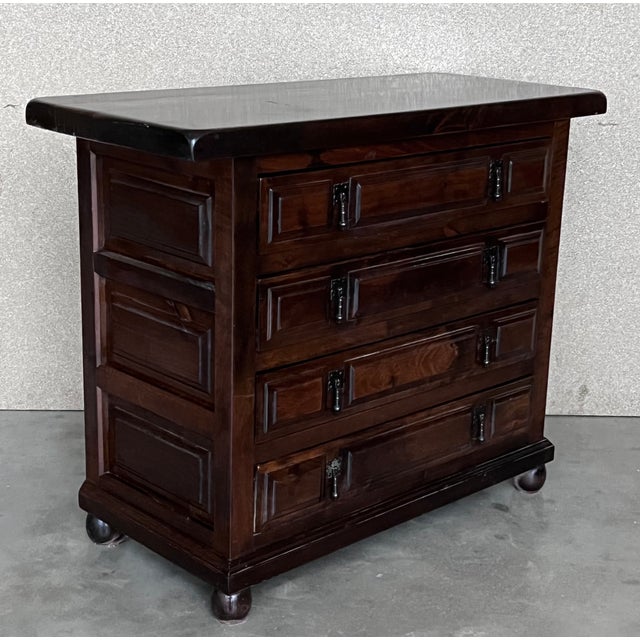 20th Catalan Spanish Baroque Carved Walnut Tuscan Four Drawers Chest of Drawers For Sale - Image 9 of 10