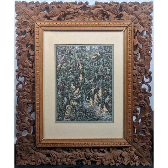 A captivating pair of traditional Balinese Batuan-style narrative paintings, each surrounded by an exceptionally...