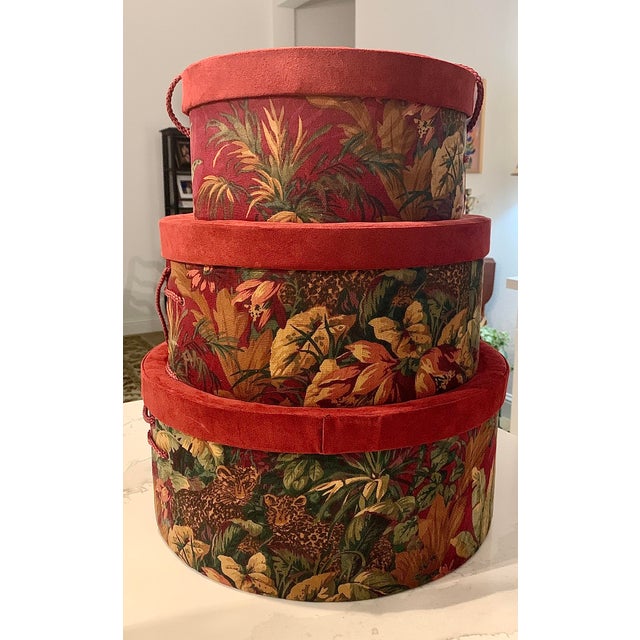 Textile Hollywood Regency Set of Tapestry Hat Boxes For Sale - Image 7 of 7