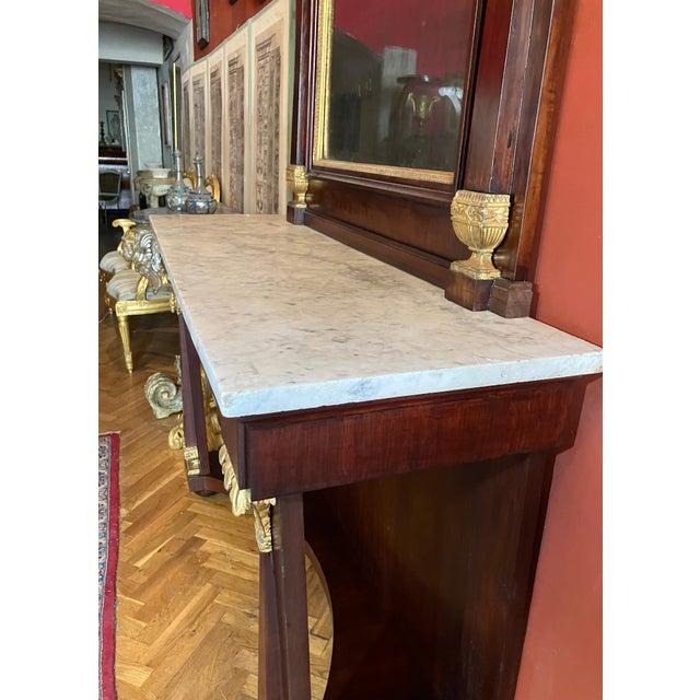 Italian Empire Mahogany and Parcel Gilt Console with Mirror and Carrara Marble Top For Sale - Image 16 of 18