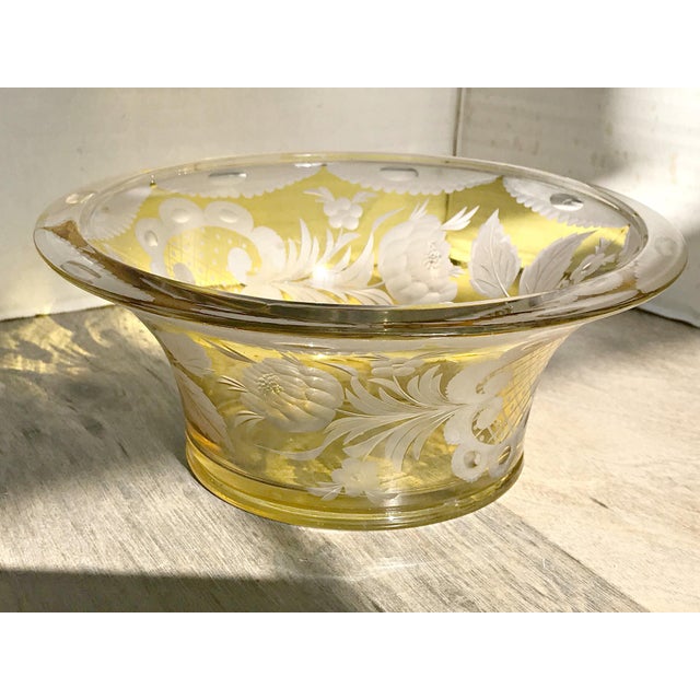 Vintage Yellow Cut & Etched Crystal Candlesticks & Bowl Set of 3