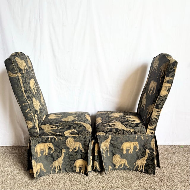 Textile Vintage Regency Black and Gold Animals Skirted Parsons Dining Chairs - Set of 4 For Sale - Image 7 of 10