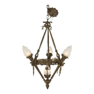 Antique Gilt Bronze French Empire Figural Four Light Torch Hanging Fixture Circa 1920 For Sale