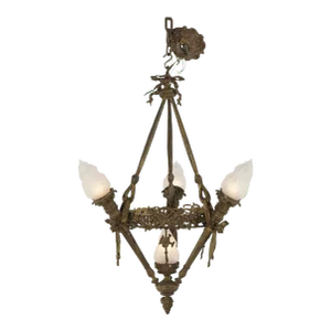 Antique Gilt Bronze French Empire Figural Four Light Torch Hanging Fixture Circa 1920