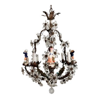 French Provincial Bronze, Crystal and Porcelain Chandelier For Sale