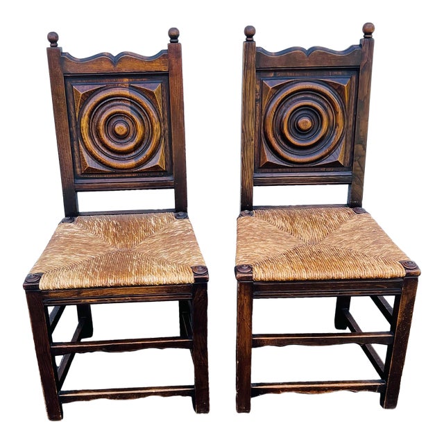 Antique Charles Dudouyt Style Rush Seat Target Dining Chairs a Set of 2 For Sale