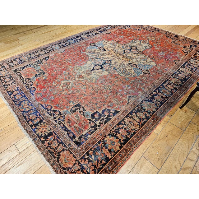 Mid 19th Century Farahan Rug, Hand-Knotted Wool, Floral Medallion Pattern, Red & Blue, 8x12 For Sale - Image 4 of 18