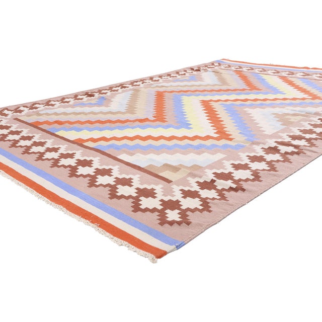 79610 Vintage Indian Dhurrie Rug, 06'00 x 09'00. The Southwest Mesa: A Vintage Dhurrie Masterpiece of Desert Modern...