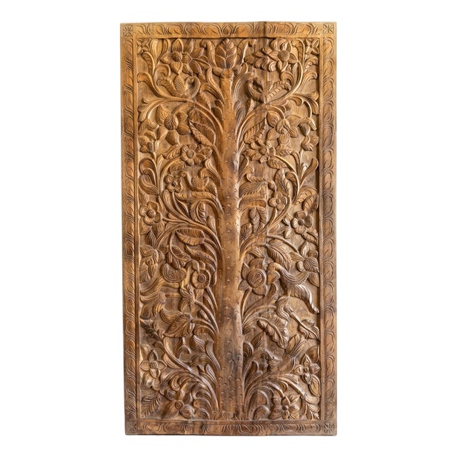 Hand-Carved Floral Tree of Life Wood Wall Panel | Natural Wood Architectural Wall Art 72 For Sale