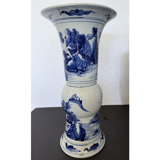 Vintage Chinese Blue & White Porcelain Landscape Vases - Trio Set For Sale - Image 11 of 18