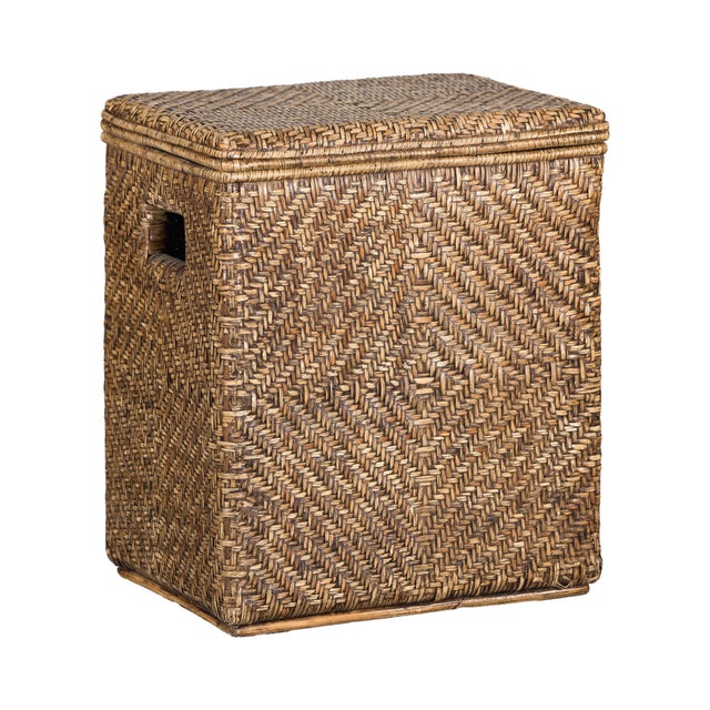 Vintage Rattan Over Wood Storage Basket with Removable Lid and Side Handles For Sale - Image 14 of 17
