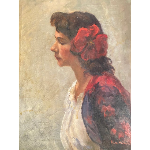 Antique Oil on Canvas Portrait Painting of Beautiful Woman With Hibiscus Flower in Her Hair, Signed Vera Martin Circa 1920’s For Sale - Image 9 of 12