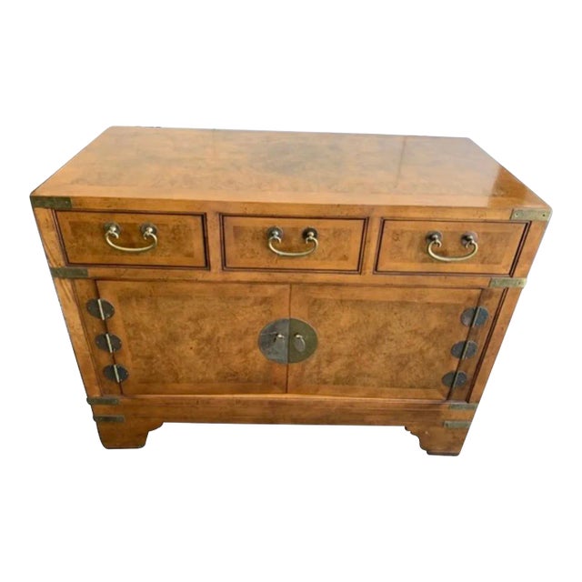 Mid Century Baker Campaign Burled Walnut Nightstand For Sale