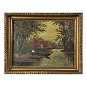 Antique Folk Art Riverscape With Boat and House, Signed (1914, Oil on Canvas)