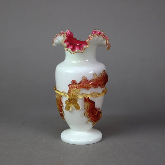 Antique Stevens & Williams Satinware Art Glass with Applied Oak Leaf, Branch & Acorn c1890 Measures - 10" x 5" x 5"