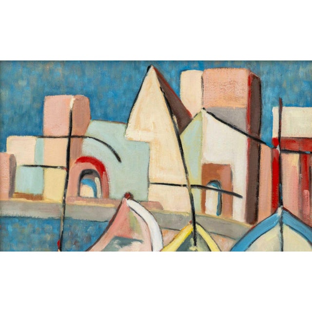 Signed Post-Cubist Harbor Scene Oil on Canvas For Sale - Image 4 of 6