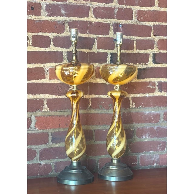 Pair of Italian Murano Ribbon Glass Amber Table Lamps For Sale - Image 4 of 7