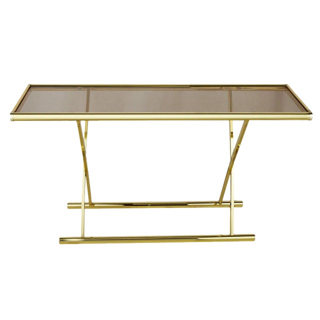 1980s Gray Glass Console Table With X Base Frame For Sale