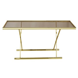 1980s Gray Smoked Glass Console Table With Brass X Base Frame| X For Sale