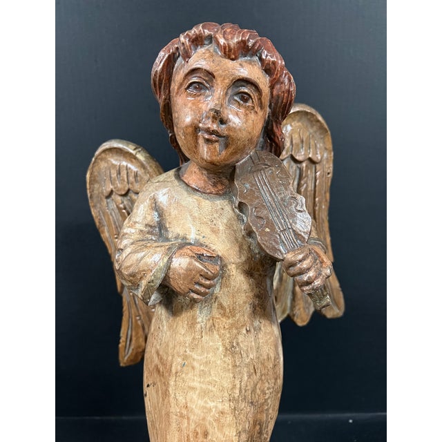 Wood Vintage Hand Carved Wooden Standing Angel Paying Violin Instrument Sculpture For Sale - Image 7 of 10