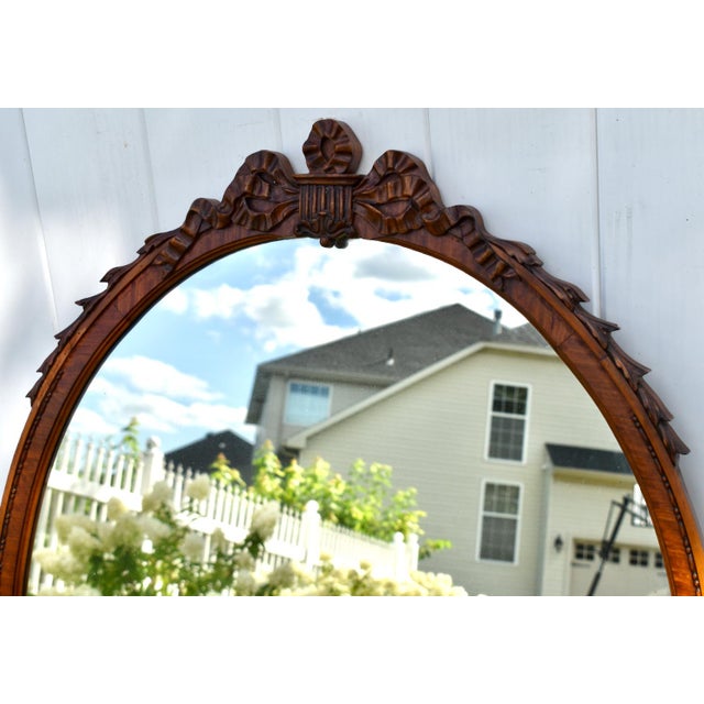 Satinwood Oval Wall Mirror Carved French Flower Basket Crest Decorative Frame For Sale - Image 12 of 15